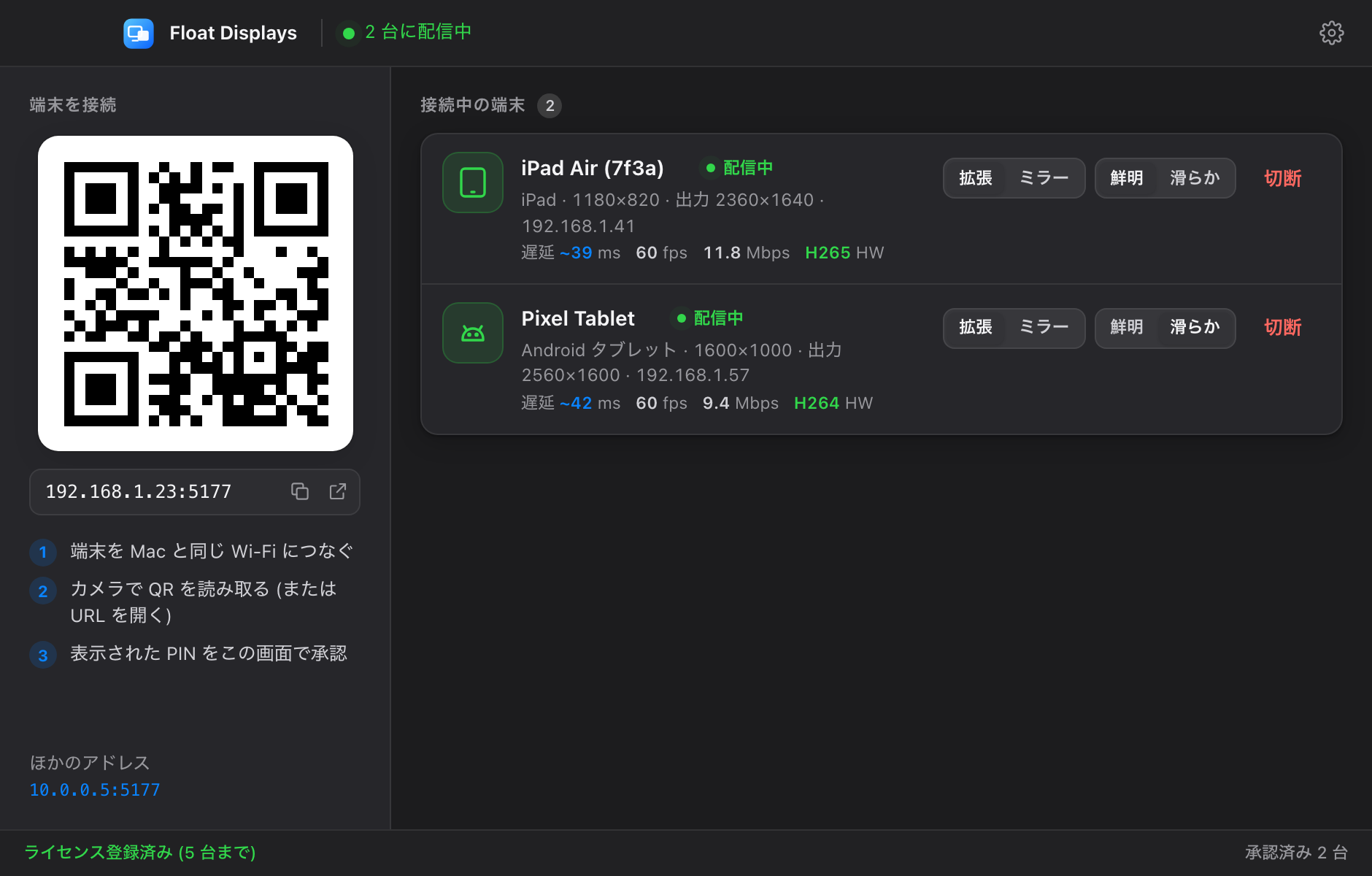Float Displays の Mac アプリ。左に接続用の QR コード、右に配信中の iPad Air と Pixel Tablet が並んでいる